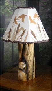 Pine log lamps with cattail marsh lampshade